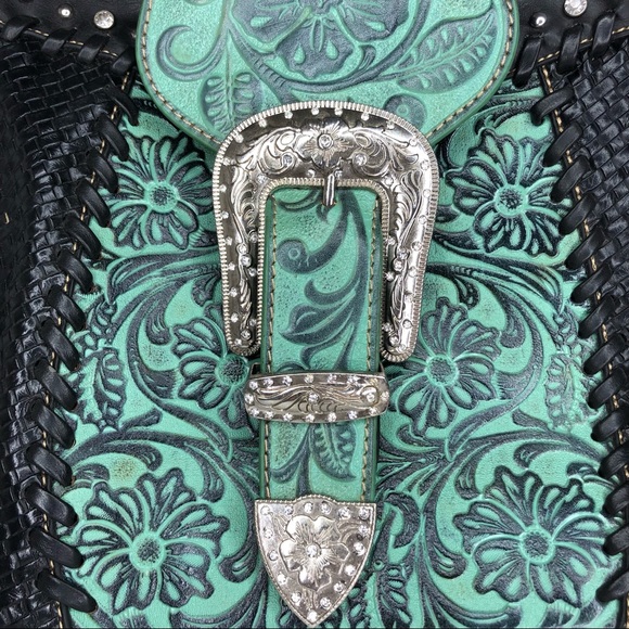 Trinity Ranch Montana West Turquoise Tooled Leather Shoulder Bag - Picture 15 of 16